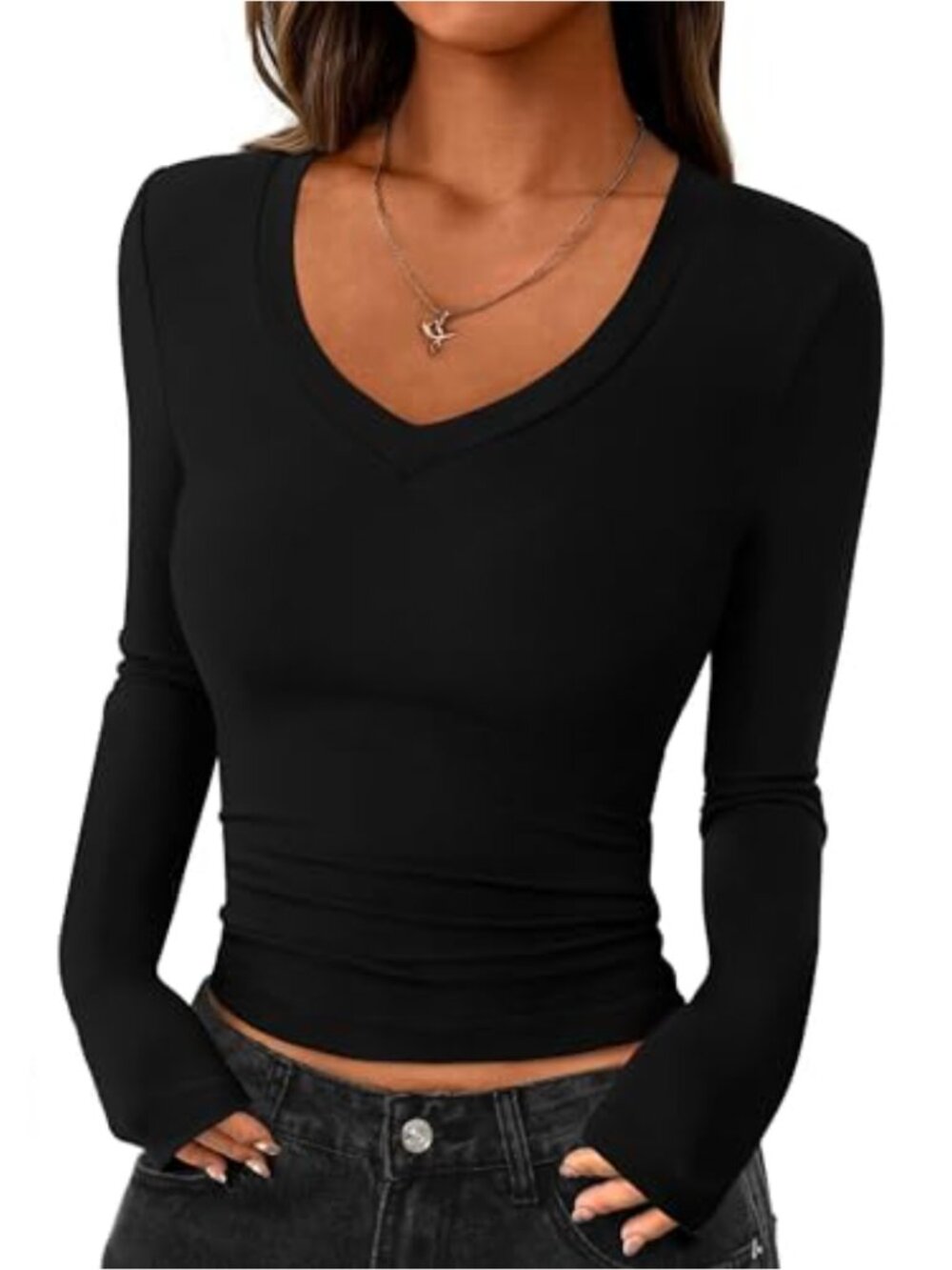 Women's Stretchy Knit V-Neck Slim Fit Crop Top Long Sleeve